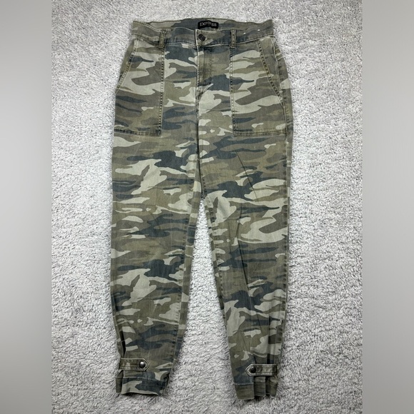 Express Jeans Womens 2 Camouflage Camo Cropped Straight High Rise Stretch Casual - Picture 1 of 5